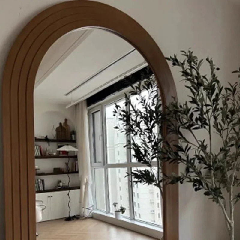 Contemporary Retro Pine Wood Arched Leaning Full-Length Mirror For Bedroom & Living Room Elegant Floor Mirror
