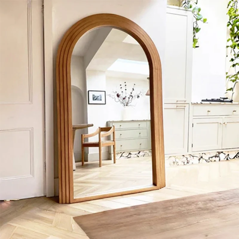 Contemporary Retro Pine Wood Arched Leaning Full-Length Mirror For Bedroom & Living Room Elegant Floor Mirror