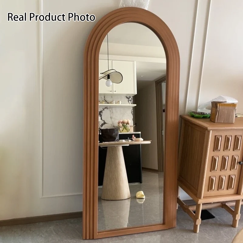 Contemporary Retro Pine Wood Arched Leaning Full-Length Mirror For Bedroom & Living Room Elegant Floor Mirror