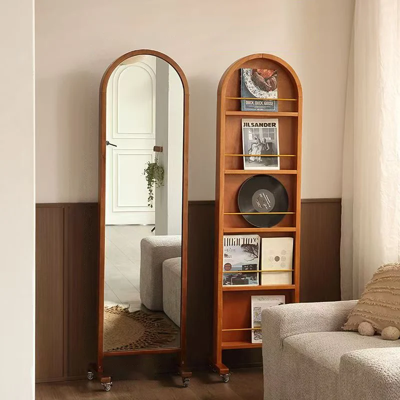 Contemporary Retro Solid Wood & Plywood Aluminum Alloy Glass Arched Storage Shelf 5-Tier Storage With Mirror And Wheels For Living Room Bedroom
