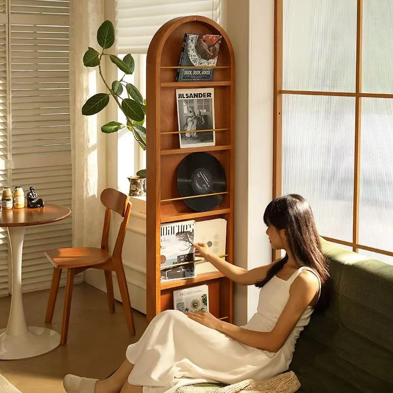 Contemporary Retro Solid Wood & Plywood Aluminum Alloy Glass Arched Storage Shelf 5-Tier Storage With Mirror And Wheels For Living Room Bedroom