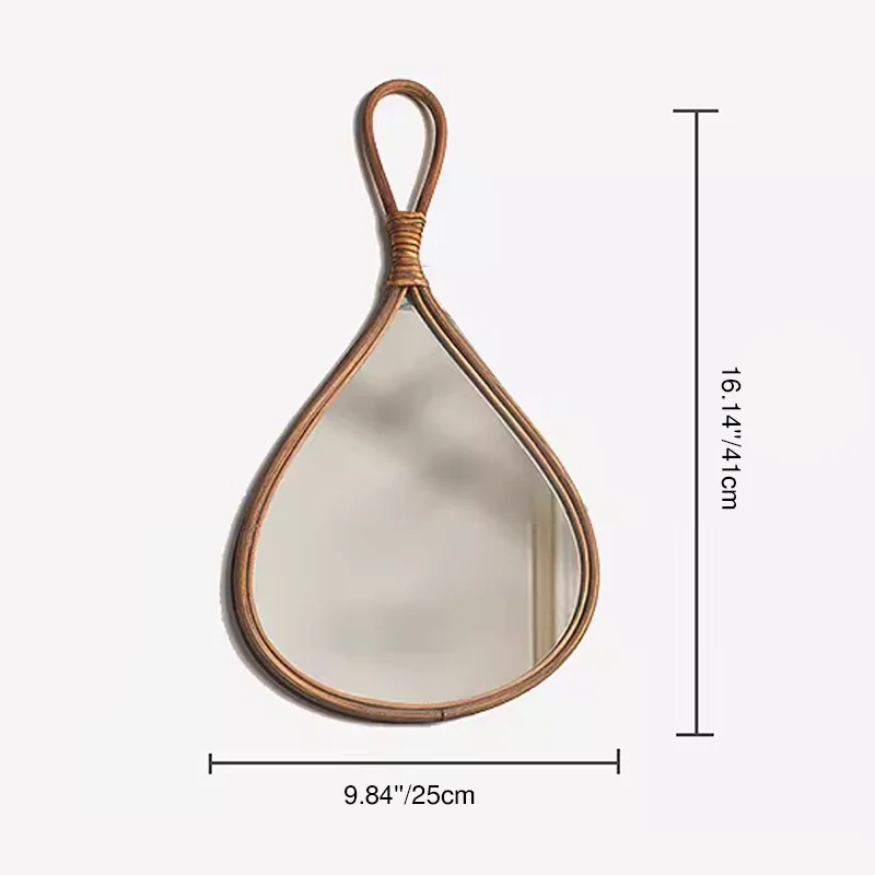 Traditional Chinese Round Teardrop-Shaped Natural Rattan Medium Density Fiberboard Glass Wall Mirror Hanging Mirror For Bedroom