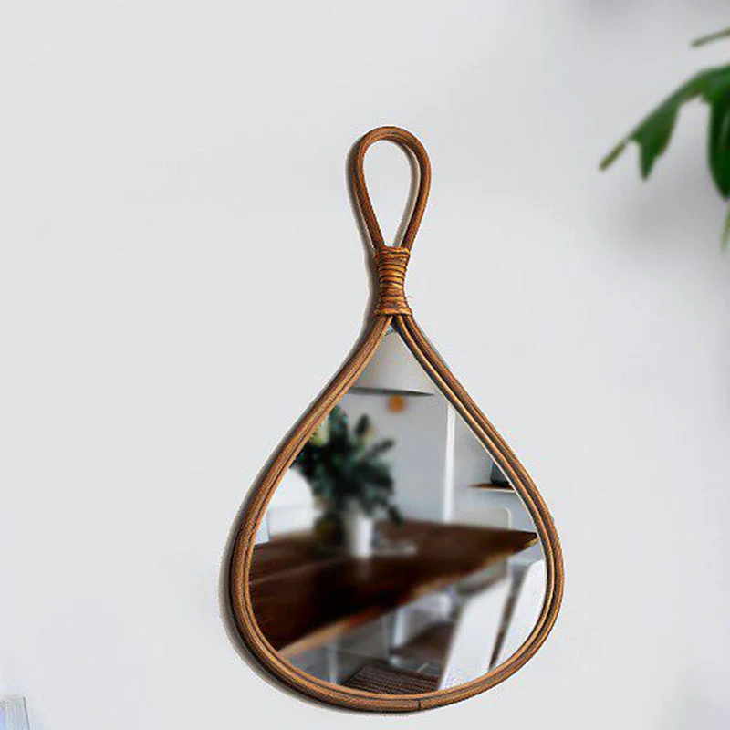 Traditional Chinese Round Teardrop-Shaped Natural Rattan Medium Density Fiberboard Glass Wall Mirror Hanging Mirror For Bedroom