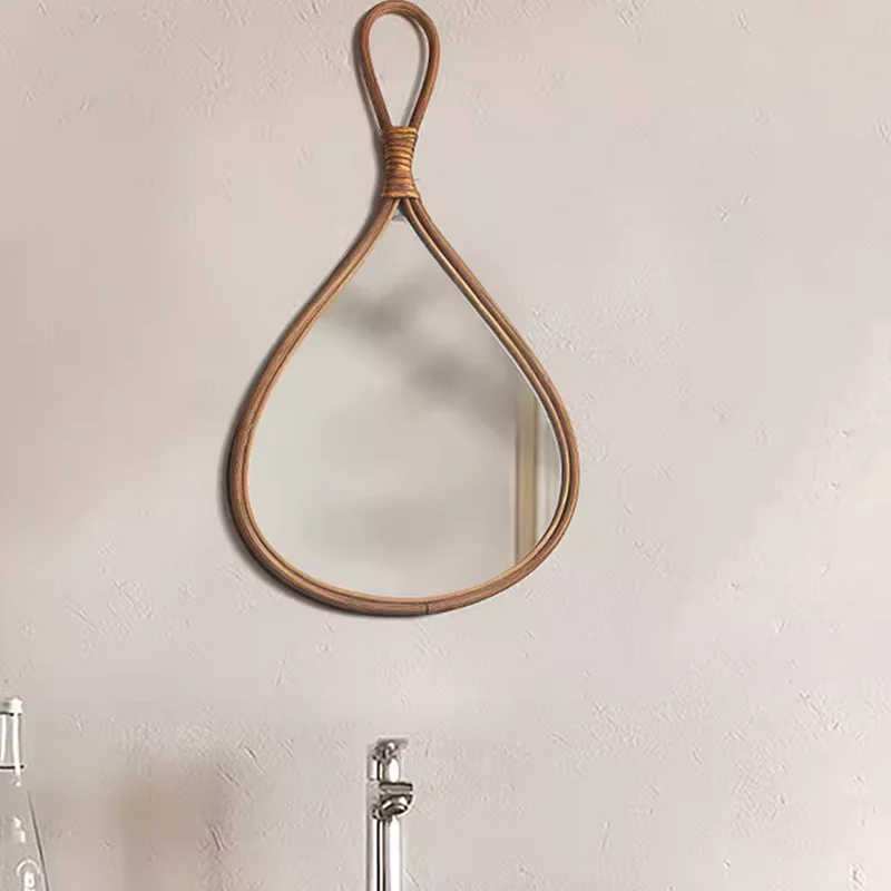 Traditional Chinese Round Teardrop-Shaped Natural Rattan Medium Density Fiberboard Glass Wall Mirror Hanging Mirror For Bedroom