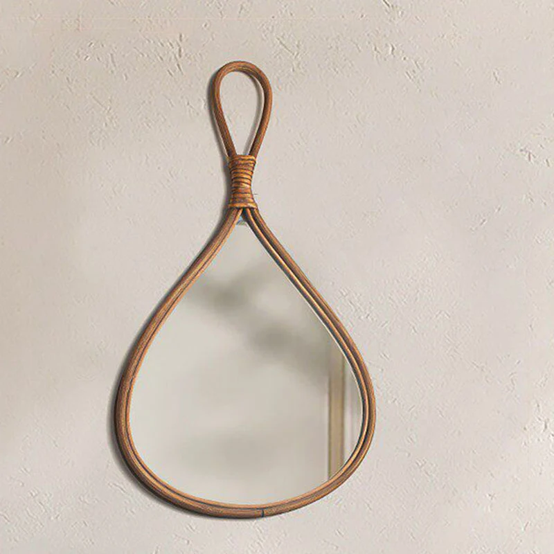 Traditional Chinese Round Teardrop-Shaped Natural Rattan Medium Density Fiberboard Glass Wall Mirror Hanging Mirror For Bedroom