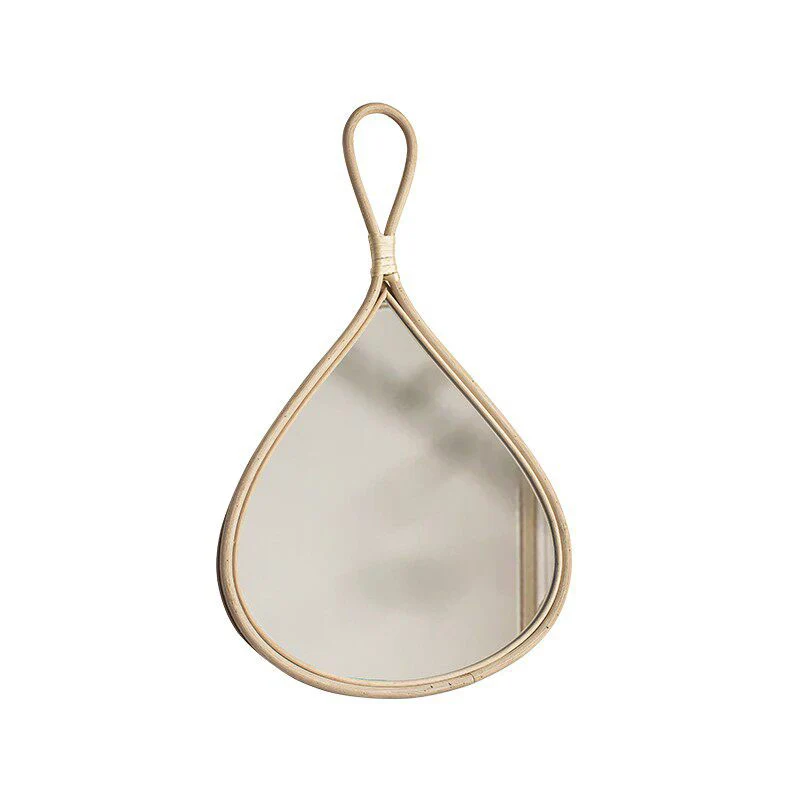 Traditional Chinese Round Teardrop-Shaped Natural Rattan Medium Density Fiberboard Glass Wall Mirror Hanging Mirror For Bedroom