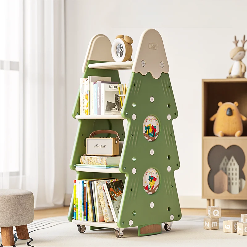 Contemporary Creative Christmas Tree PP & PE Plastic Kids Movable Bookshelf 4-Layer For Study