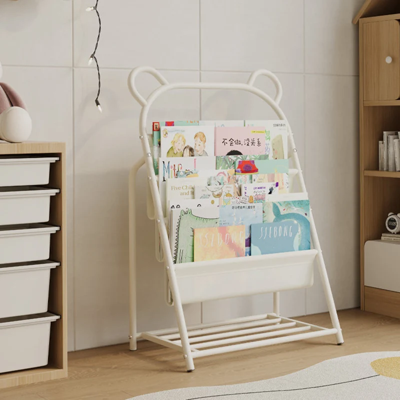 Modern Simplicity Iron Polyester Fabric Cartoon Line Bear Kids Lightweight Bookshelf 4-Tier For Study