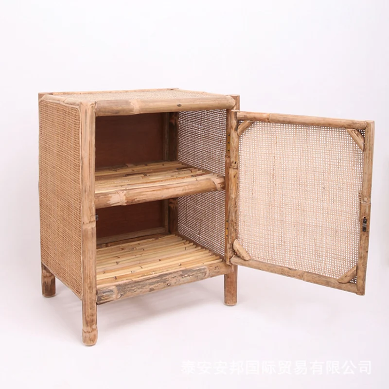 Traditional Chinese Wood Color Storage Cabinet: Natural Indonesian Rattan & Handwoven - Single-Cabinet Storage Sideboard For Living Room