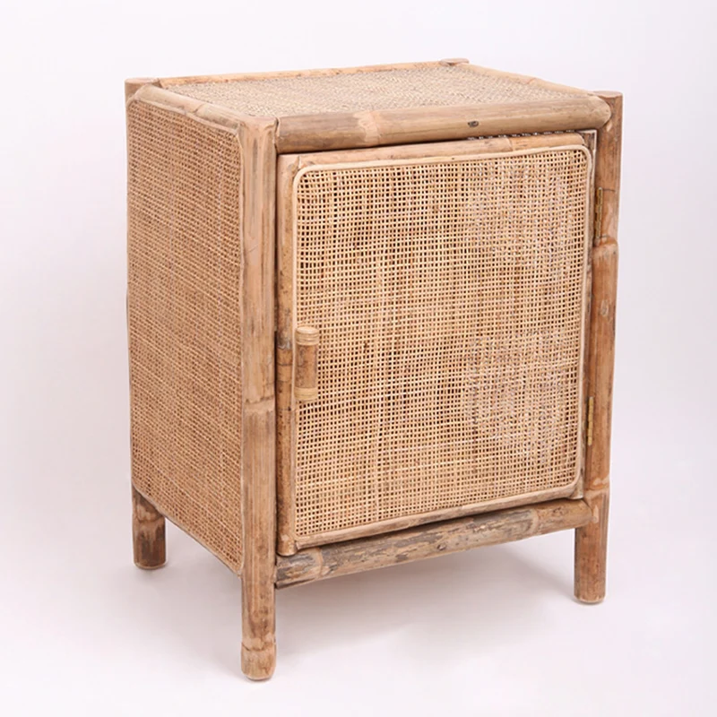 Traditional Chinese Wood Color Storage Cabinet: Natural Indonesian Rattan & Handwoven - Single-Cabinet Storage Sideboard For Living Room