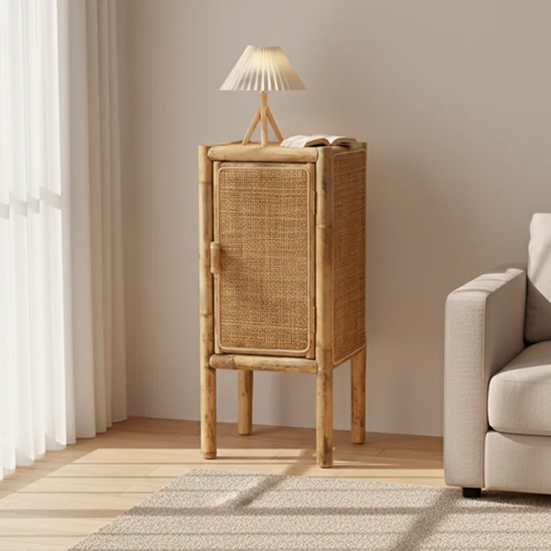 Traditional Chinese Slim Storage Cabinet: Natural Indonesian Rattan & Handwoven - Space-Saving Storage Sideboard For Living Room