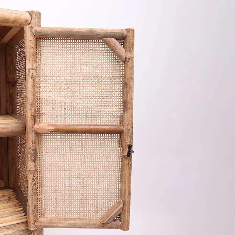 Traditional Chinese Slim Storage Cabinet: Natural Indonesian Rattan & Handwoven - Space-Saving Storage Sideboard For Living Room