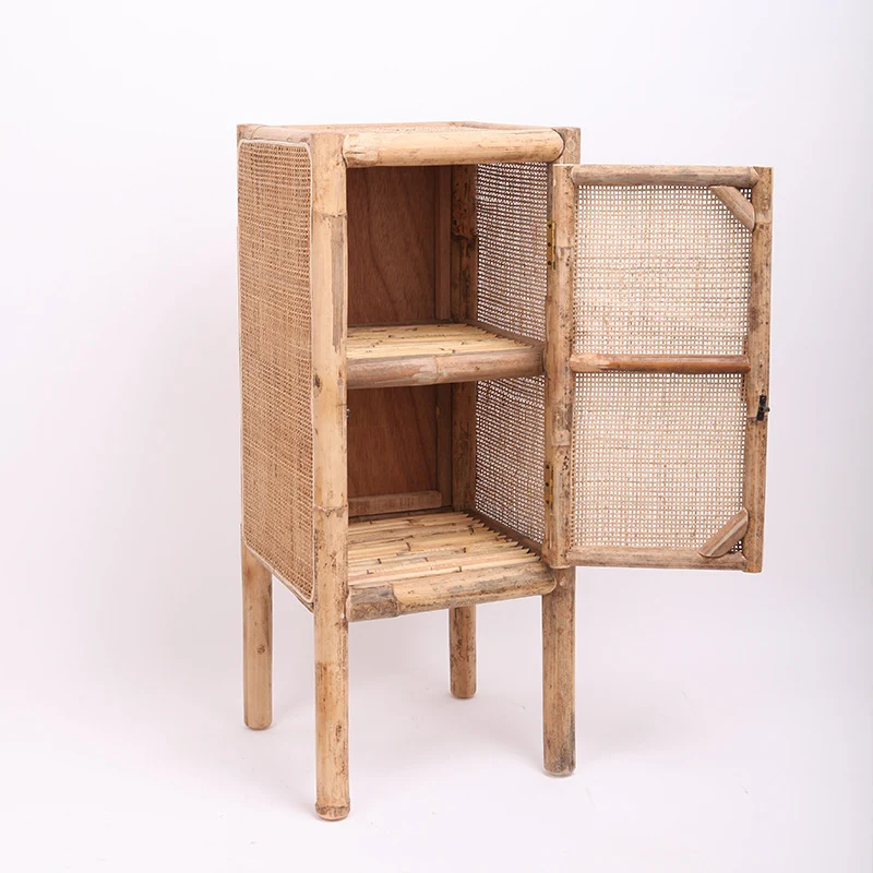 Traditional Chinese Slim Storage Cabinet: Natural Indonesian Rattan & Handwoven - Space-Saving Storage Sideboard For Living Room