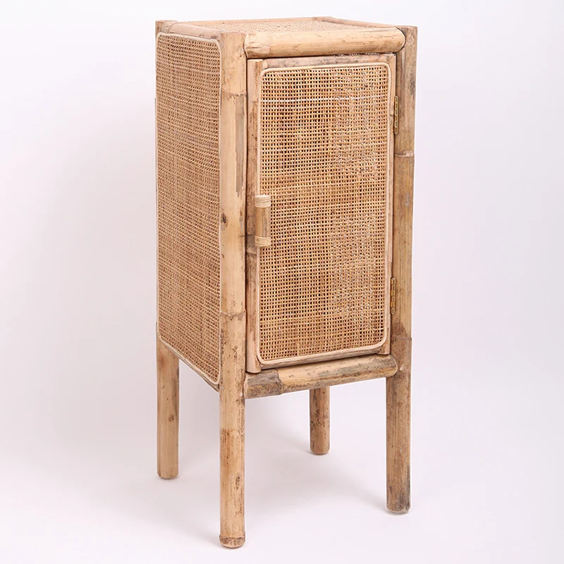 Traditional Chinese Slim Storage Cabinet: Natural Indonesian Rattan & Handwoven - Space-Saving Storage Sideboard For Living Room