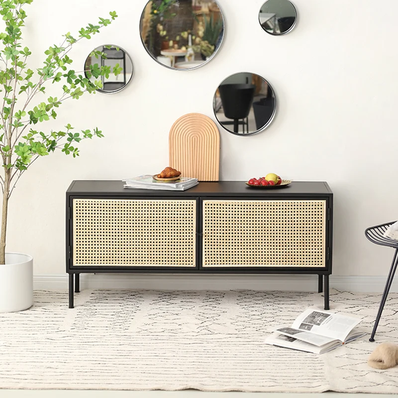 Traditional Vintage Rectangular Iron Storage Cabinet: Natural Indonesian Rattan & Handwoven - 1-Cabinet Large Capacity Sideboard For Living Room