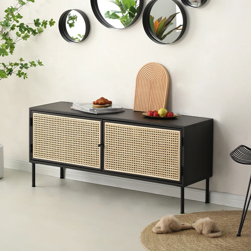 Traditional Vintage Rectangular Iron Storage Cabinet: Natural Indonesian Rattan & Handwoven - 1-Cabinet Large Capacity Sideboard For Living Room
