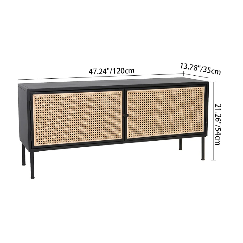 Traditional Vintage Rectangular Iron Storage Cabinet: Natural Indonesian Rattan & Handwoven - 1-Cabinet Large Capacity Sideboard For Living Room