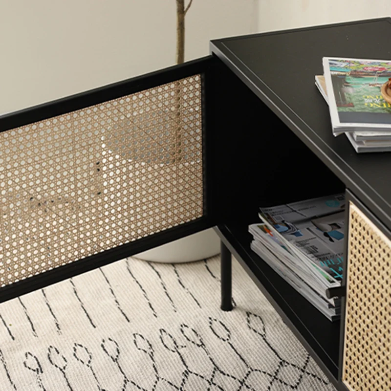 Traditional Vintage Rectangular Iron Storage Cabinet: Natural Indonesian Rattan & Handwoven - 1-Cabinet Large Capacity Sideboard For Living Room