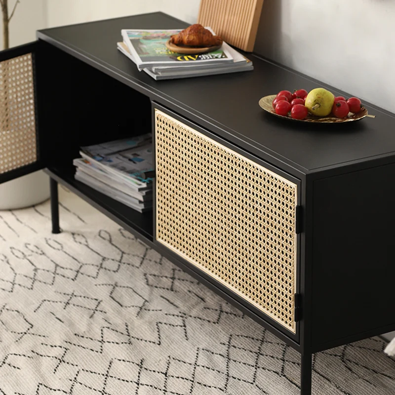 Traditional Vintage Rectangular Iron Storage Cabinet: Natural Indonesian Rattan & Handwoven - 1-Cabinet Large Capacity Sideboard For Living Room