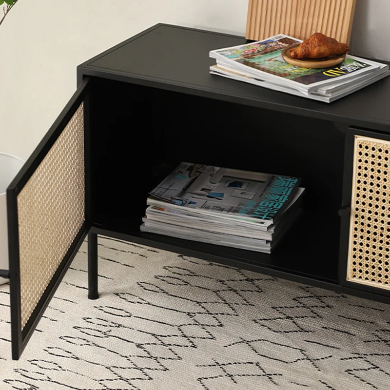 Traditional Vintage Rectangular Iron Storage Cabinet: Natural Indonesian Rattan & Handwoven - 1-Cabinet Large Capacity Sideboard For Living Room