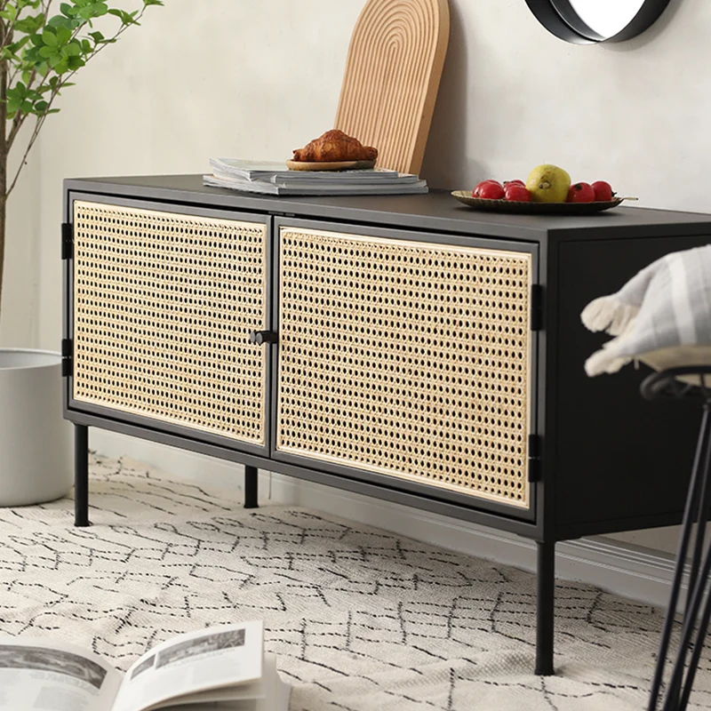 Traditional Vintage Rectangular Iron Storage Cabinet: Natural Indonesian Rattan & Handwoven - 1-Cabinet Large Capacity Sideboard For Living Room