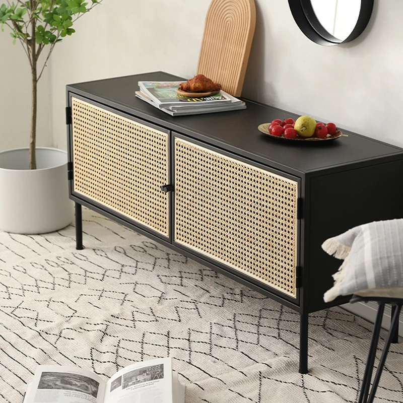 Traditional Vintage Rectangular Iron Storage Cabinet: Natural Indonesian Rattan & Handwoven - 1-Cabinet Large Capacity Sideboard For Living Room