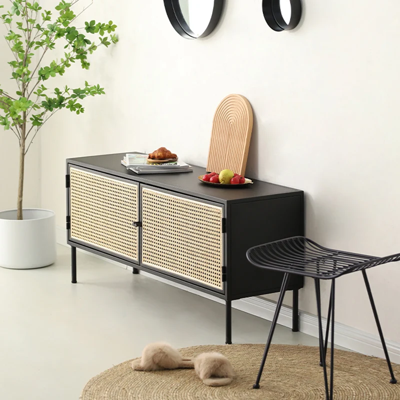 Traditional Vintage Rectangular Iron Storage Cabinet: Natural Indonesian Rattan & Handwoven - 1-Cabinet Large Capacity Sideboard For Living Room