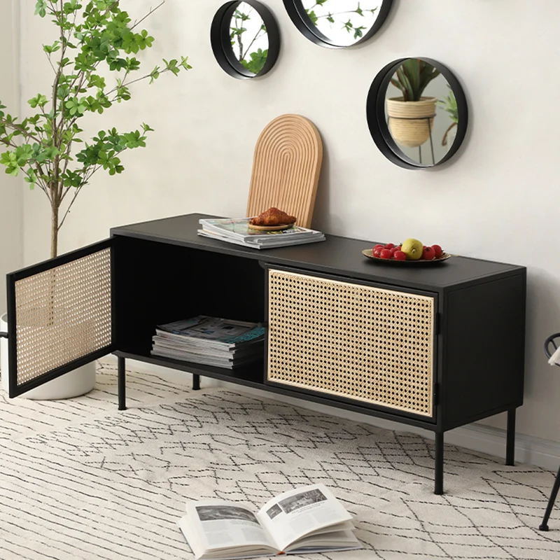Traditional Vintage Rectangular Iron Storage Cabinet: Natural Indonesian Rattan & Handwoven - 1-Cabinet Large Capacity Sideboard For Living Room