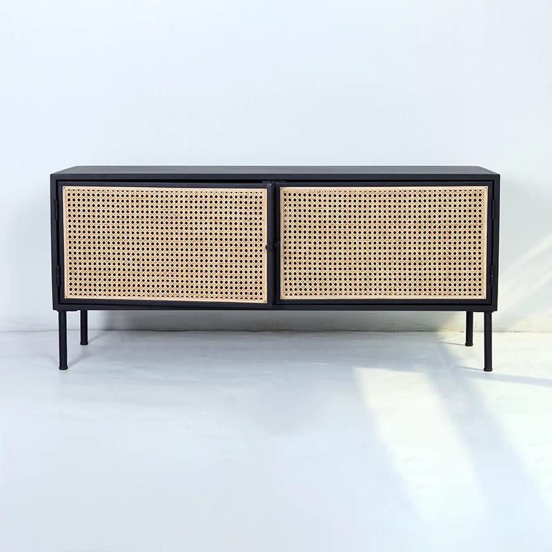 Traditional Vintage Rectangular Iron Storage Cabinet: Natural Indonesian Rattan & Handwoven - 1-Cabinet Large Capacity Sideboard For Living Room