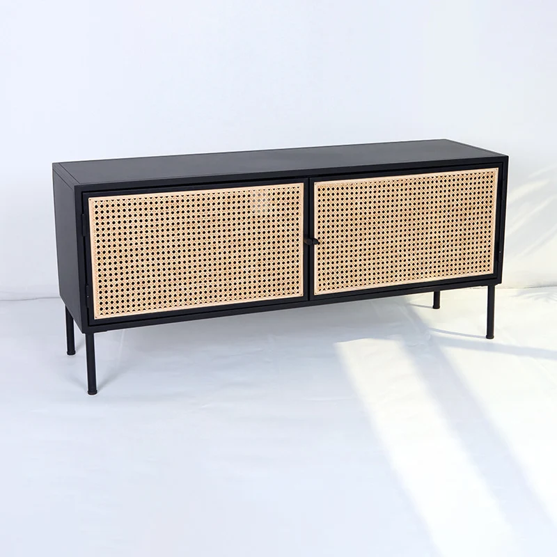 Traditional Vintage Rectangular Iron Storage Cabinet: Natural Indonesian Rattan & Handwoven - 1-Cabinet Large Capacity Sideboard For Living Room