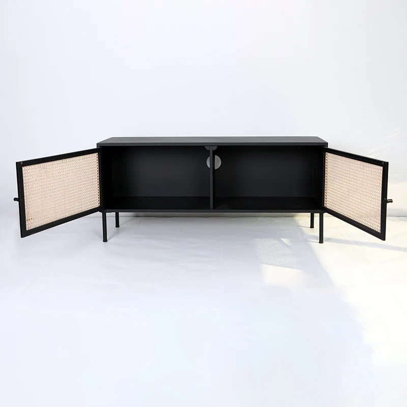 Traditional Vintage Rectangular Iron Storage Cabinet: Natural Indonesian Rattan & Handwoven - 1-Cabinet Large Capacity Sideboard For Living Room