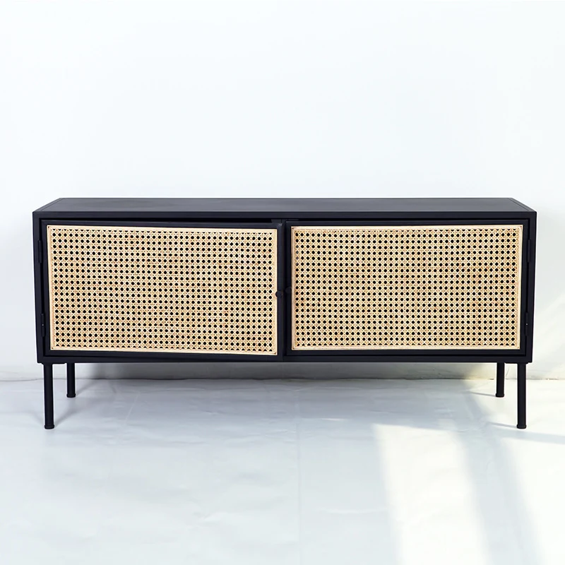 Traditional Vintage Rectangular Iron Storage Cabinet: Natural Indonesian Rattan & Handwoven - 1-Cabinet Large Capacity Sideboard For Living Room