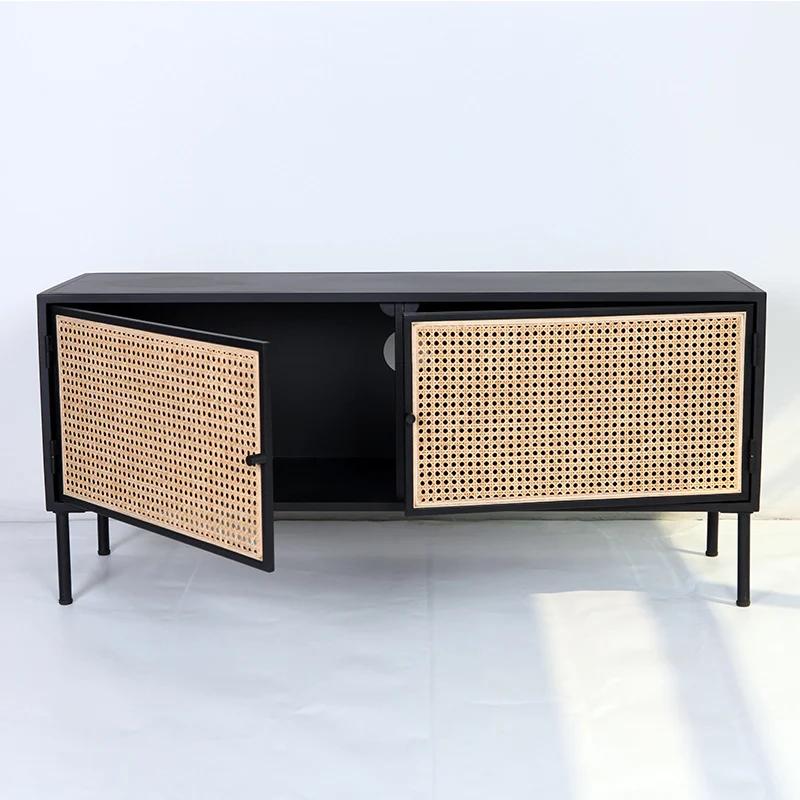 Traditional Vintage Rectangular Iron Storage Cabinet: Natural Indonesian Rattan & Handwoven - 1-Cabinet Large Capacity Sideboard For Living Room