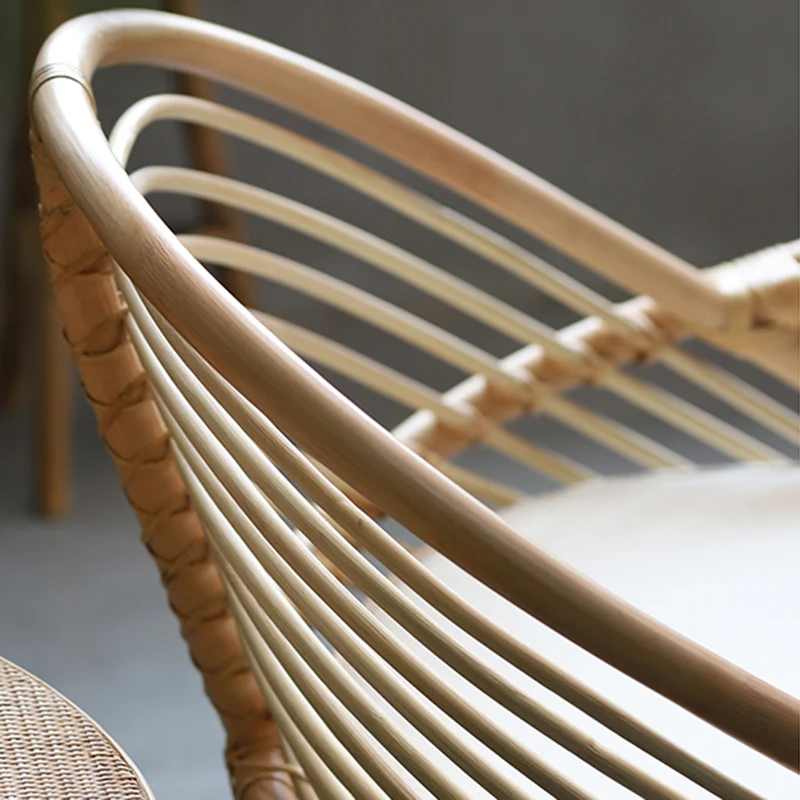 Contemporary Boho Natural Rattan Accent Chair - Curved Handwoven Indonesian Rattan Armchair With Waterproof Fabric Cushion For Living Room