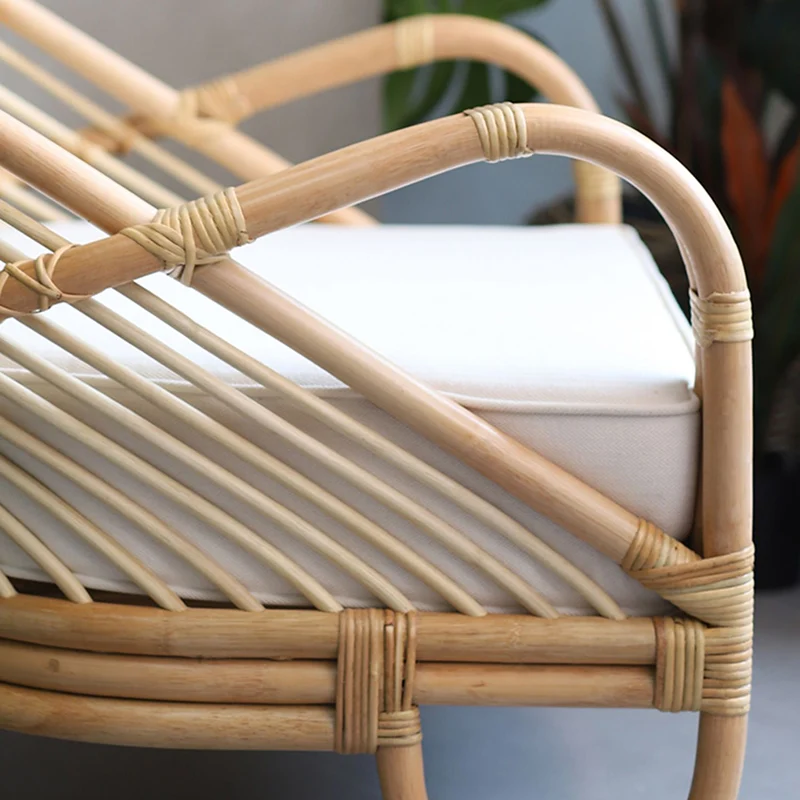 Contemporary Boho Natural Rattan Accent Chair - Curved Handwoven Indonesian Rattan Armchair With Waterproof Fabric Cushion For Living Room