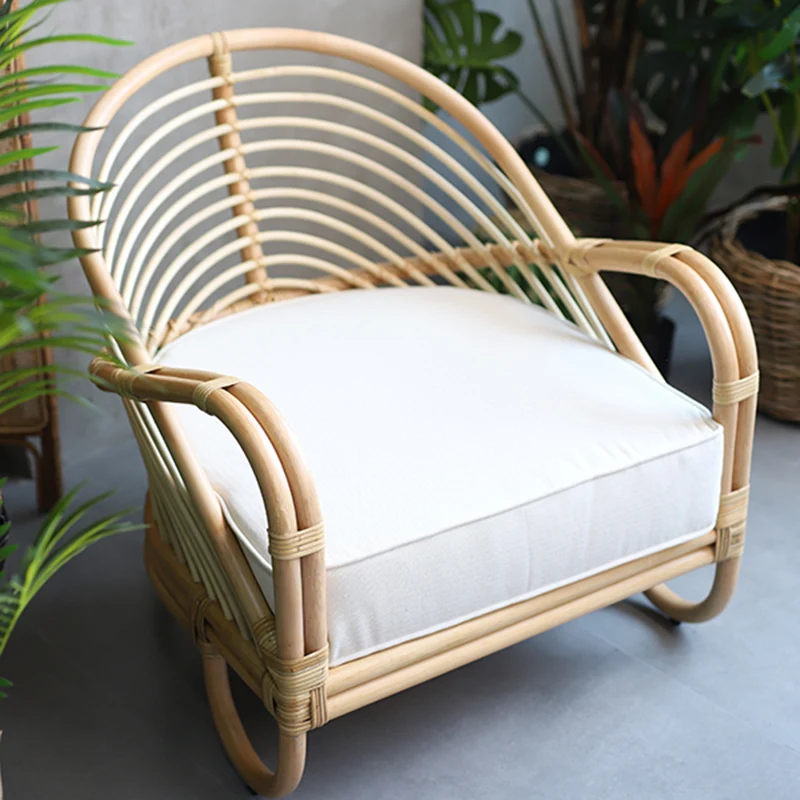 Contemporary Boho Natural Rattan Accent Chair - Curved Handwoven Indonesian Rattan Armchair With Waterproof Fabric Cushion For Living Room
