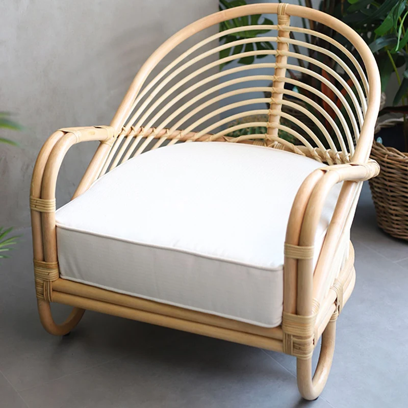 Contemporary Boho Natural Rattan Accent Chair - Curved Handwoven Indonesian Rattan Armchair With Waterproof Fabric Cushion For Living Room