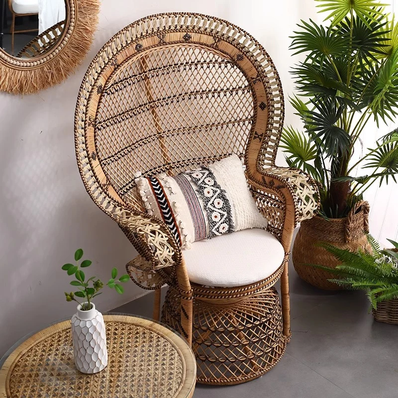 Contemporary Boho Handwoven Indonesian Rattan Accent Chair - High Back Peacock Rattan Lounge Chair With Waterproof Fabric Cushion For Living Room