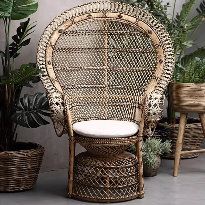 Contemporary Boho Handwoven Indonesian Rattan Accent Chair - High Back Peacock Rattan Lounge Chair With Waterproof Fabric Cushion For Living Room