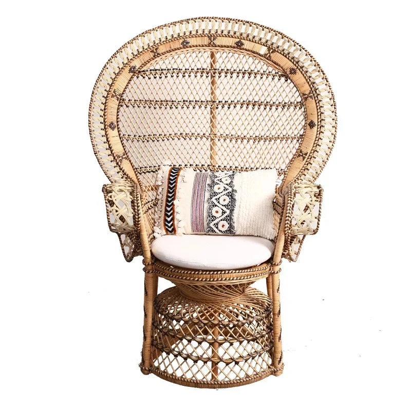 Contemporary Boho Handwoven Indonesian Rattan Accent Chair - High Back Peacock Rattan Lounge Chair With Waterproof Fabric Cushion For Living Room