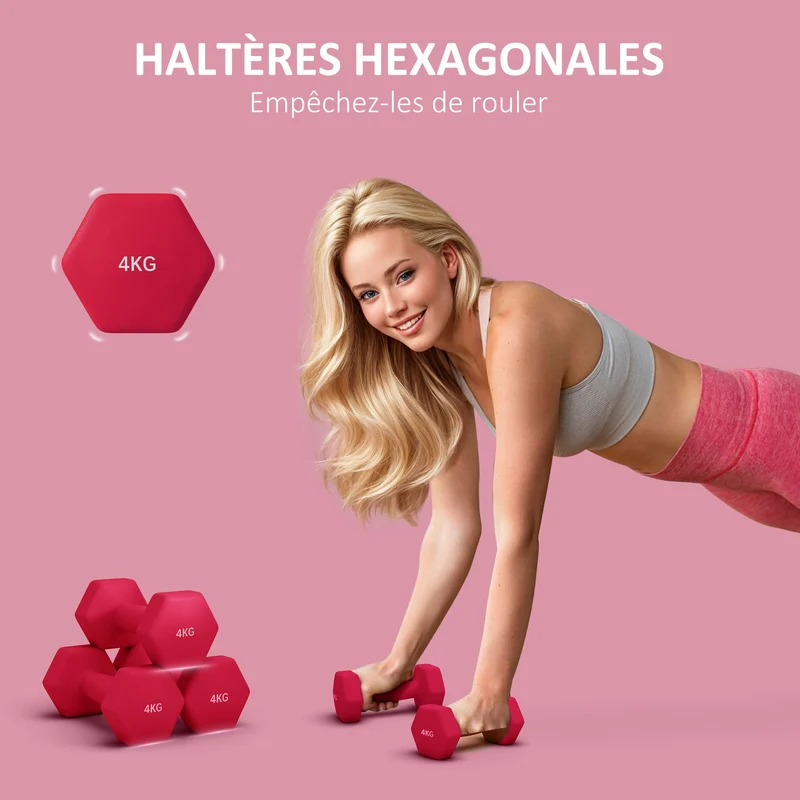 Lot de 2 haltères hexagonaux entraînement maison 19 x 9 x 9 cm prise antidérapante anti roulement moderne en métal rouge 21_0006830