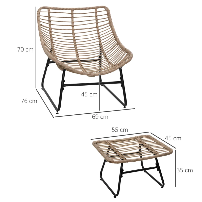 Lot de 2 fauteuil de jardin et repose-pieds 69 x 76 x 70 cm assise profonde confort moelleux scandinave en résine beige 21_0006047