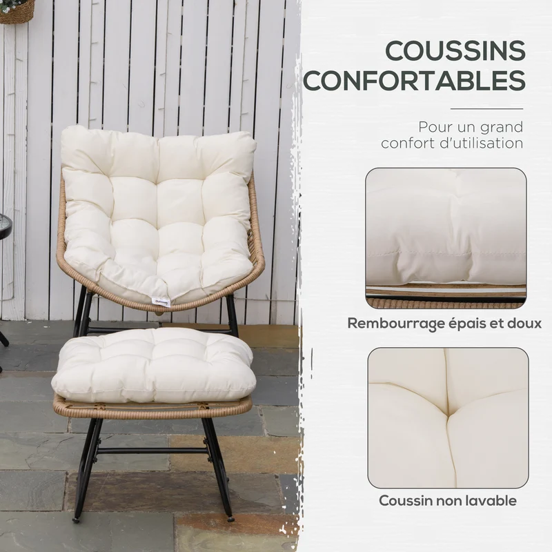 Lot de 2 fauteuil de jardin et repose-pieds 69 x 76 x 70 cm assise profonde confort moelleux scandinave en résine beige 21_0006047