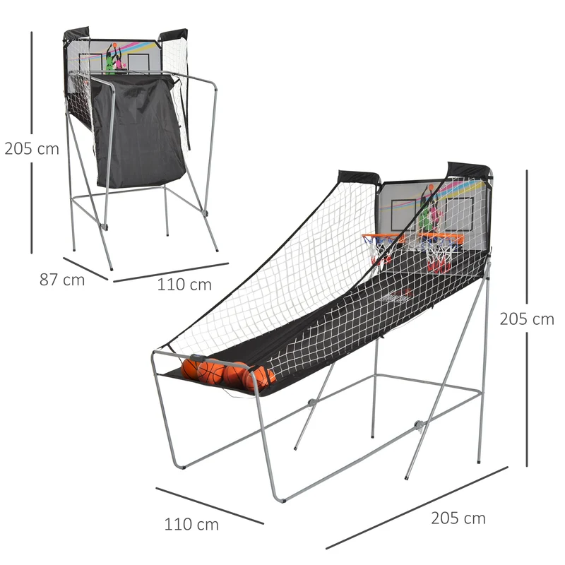 Jeu de basketball arcade pliable double panier 205 x 110 x 205 cm compteur de points jeu 2 joueurs moderne en acier noir 21_0006641