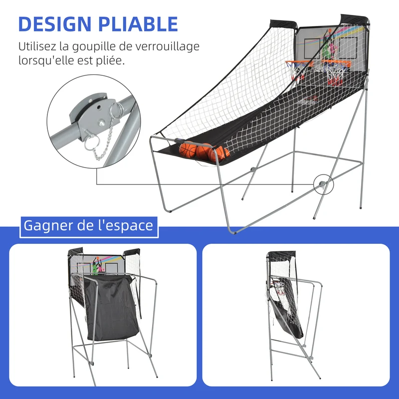 Jeu de basketball arcade pliable double panier 205 x 110 x 205 cm compteur de points jeu 2 joueurs moderne en acier noir 21_0006641