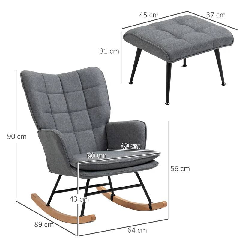 Fauteuil à bascule salon 64 x 89 x 90 cm assise large rembourrée repose pieds rembourré scandinave en polyester gris 21_0003155