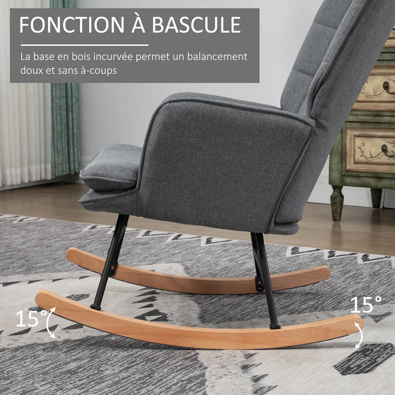 Fauteuil à bascule salon 64 x 89 x 90 cm assise large rembourrée repose pieds rembourré scandinave en polyester gris 21_0003155