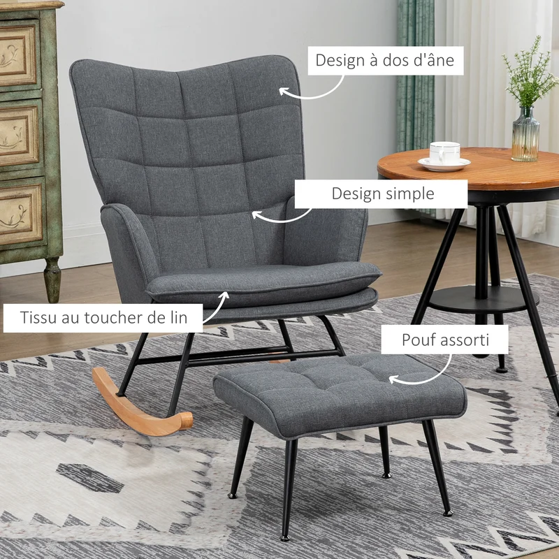 Fauteuil à bascule salon 64 x 89 x 90 cm assise large rembourrée repose pieds rembourré scandinave en polyester gris 21_0003155