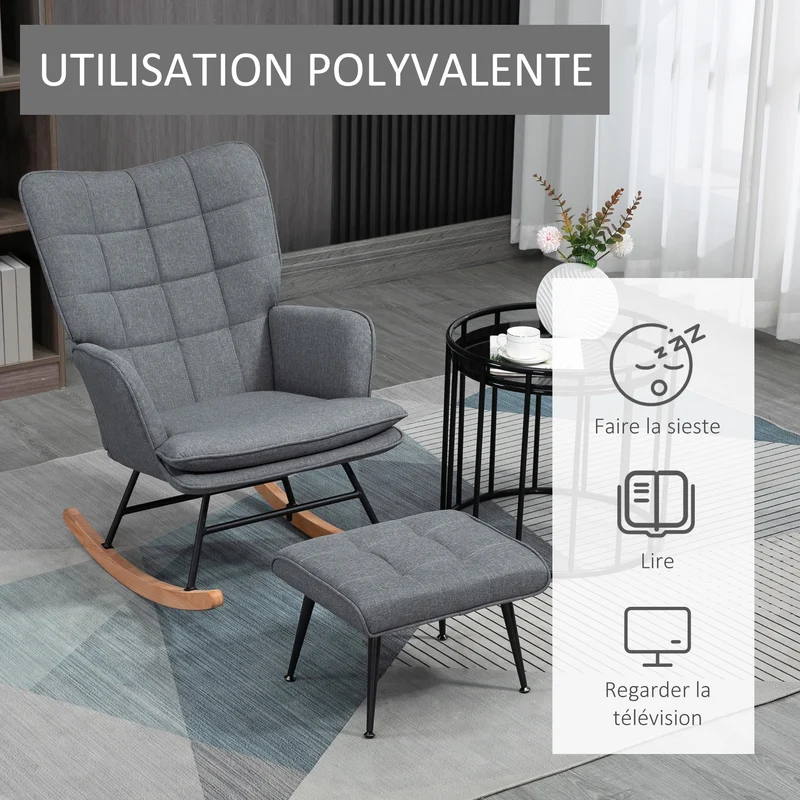 Fauteuil à bascule salon 64 x 89 x 90 cm assise large rembourrée repose pieds rembourré scandinave en polyester gris 21_0003155