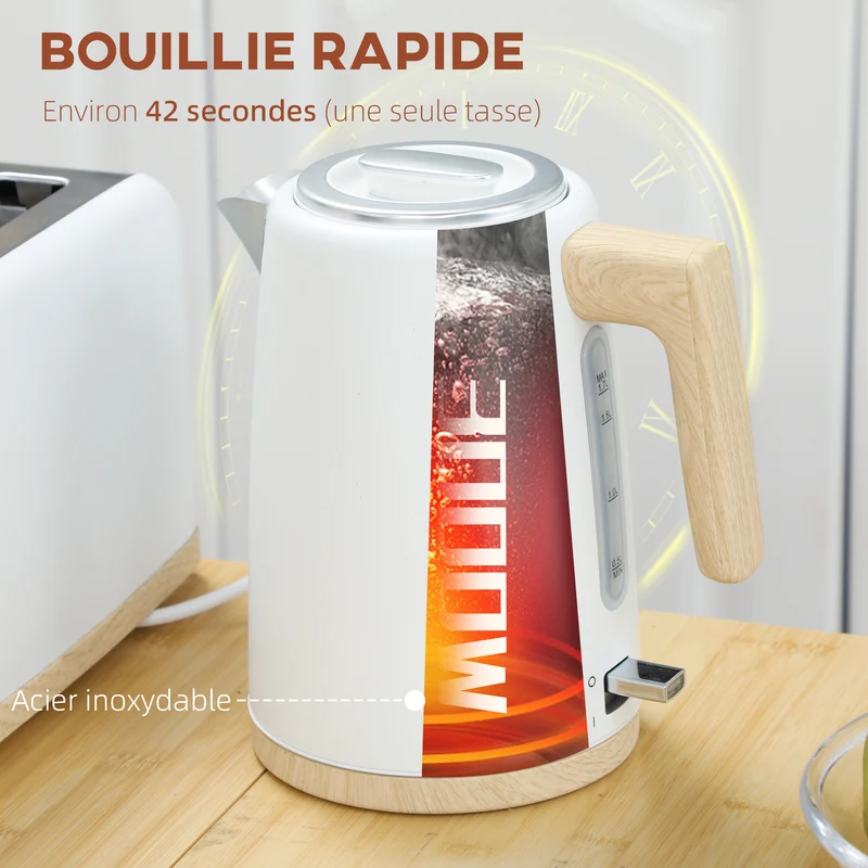 Ensemble bouilloire et grille-pain cuisine 22,4 x 15,6 x 23,9 cm 7 niveaux fini mat moderne en acier inoxydable blanc 21_0000951